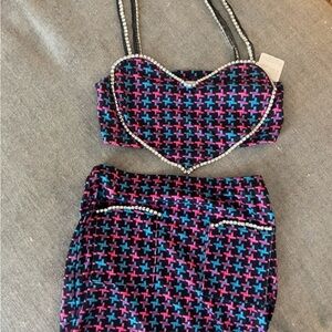 Area Heart Shaped Crystal Trim Crop Top and Skirt